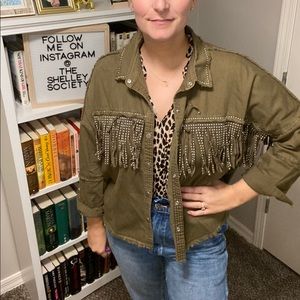 ZARA army green studded fringe Shacket jacket